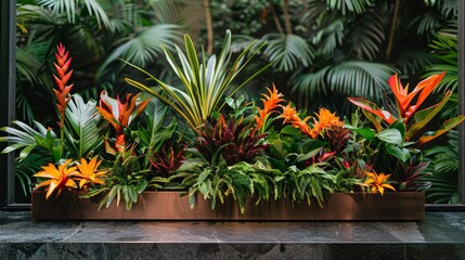 Chic display countertop adorned with vibrant tropical plants, set in a lush forest environment, merging nature with contemporary style, focus cover all object, deep dept of field