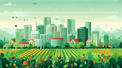 City with integrated farming, sustainable harvest, flat design illustration, focus cover all object, deep dept of field