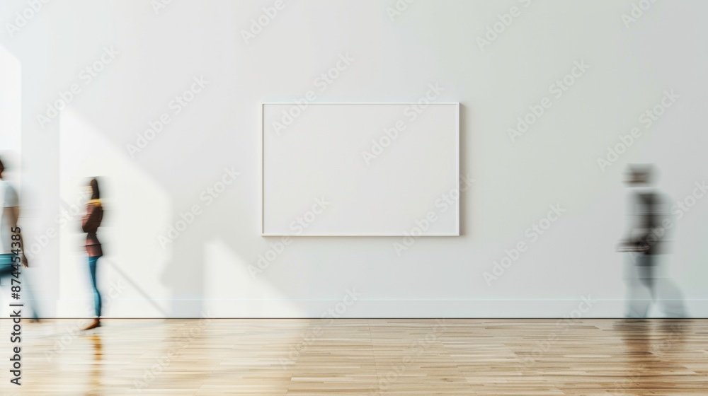 Poster blurred figures passing by an empty frame on white wall in modern minimalist indoor setting, natural