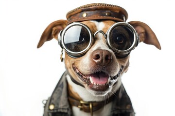 Happy Dog wearing Steampunk costumes, studio lighting, isolated on white background, stock photographic style