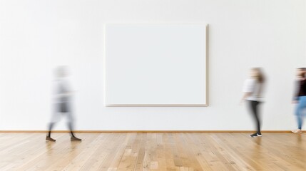 Tranquil Indoor Scene with Modern Minimalist White Concrete Wall, Empty Frame, and Blurred Motion of Passersby in Bright Natural Light