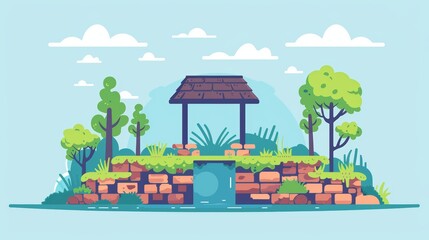 Cool liquid from a well, essence of refreshment, flat design illustration, focus cover all object, deep dept of field
