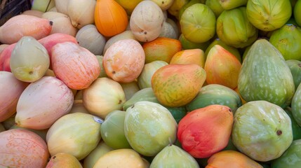 Assorted Colorful Guavas in a Basket Display at a Fresh Market