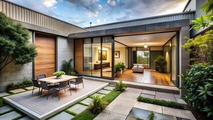 Fototapeta premium Modern House Exterior with Deck, Garden, and Glass Windows