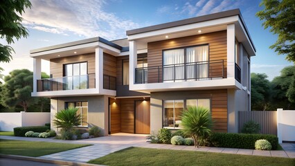 Fototapeta premium Modern Two-Story House with Wooden Elements and Glass Balconies