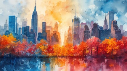 Obraz premium City scene showing the contrast between modern skyscrapers watercolor style