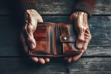 Closeup aged hands holding empty, worn-out leather wallet on a rustic wooden table, aging financial struggle