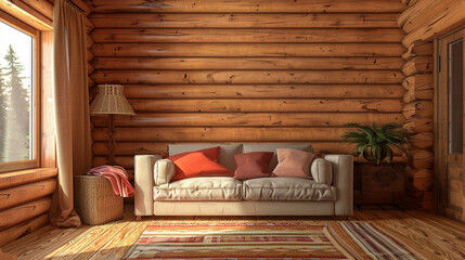 Log cabin style living room with large blank wall for mockup and text area