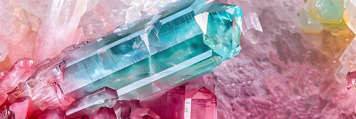 tourmaline mineral specimen stone rock geology gem crystal pastel background. with copy space image. Place for adding text or design