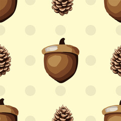Seamless vector pattern with acorns, pine cones, and autumn leaves on yellow background, fall season design