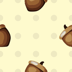 Seamless vector pattern with acorns, pine cones, and autumn leaves on yellow background, fall season design