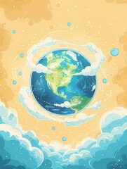Earth surrounded by clouds in whimsical illustration
