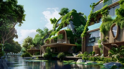 Modern eco-friendly building with greenery integrated facade next to a calm, reflective water body under a blue sky with clouds.