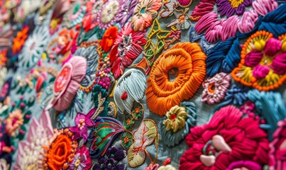 vibrant and intricate embroidery piece with various floral motifs showcasing delicate stitching and vivid colors on fabric, highlighting the beauty and depth of creative embroidery artistry