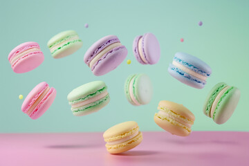 Pastel pink, purple, green, blue, cream and yellow coloured macaroons floating in the air