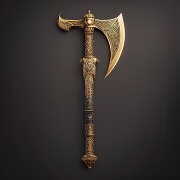 Golden battle axe with intricate runes and carvings