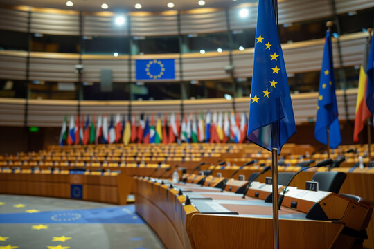 European Parliament Chamber with Empty Seats and Flags of Member States