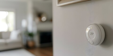 Homes living room features a smart thermostat mounted on the wall. Concept Smart Thermostat, Wall-mounted, Home Technology, Energy Efficiency, Interior Design