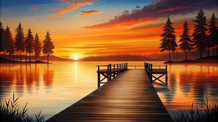 Obraz premium Silhouetted fishing pier stretches into serene lake waters at dusk, surrounded by majestic trees and vibrant orange sunset hues, evoking feelings of peaceful solitude.