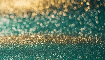 Abstract blur bokeh banner background. Gold bokeh on defocused emerald green background