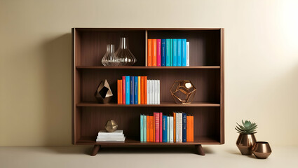 a wooden bookshelf with a modern and minimalist design. 