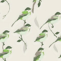 Light Cream and Sage Green Long-Tailed Bird and Branch Home Decor
