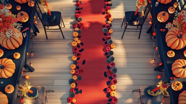 Halloween wedding aisle decorations, flat design, top view, 3D render, Triadic color scheme, stylish and festive aisle setup