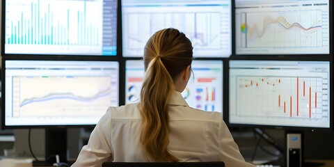 Female statistician analyzing data on multiple computer screens in a professional setting. Concept Data Analysis, Statistician at Work, Professional Setting, Computer Screens, Female Scientist