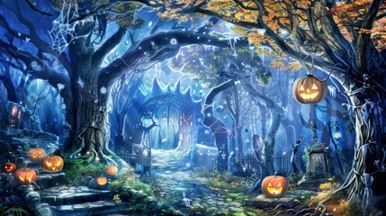 Obraz premium Enchanted Halloween forest with pumpkins and glowing lights at night.
