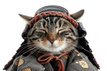 Happy cat wearing Samurai costumes, studio lighting, isolated on white background, stock photographic style