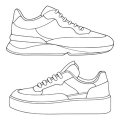 set of outline Cool Sneakers. Shoes sneaker outline drawing vector, Sneakers drawn in a sketch style, sneaker trainers template outline