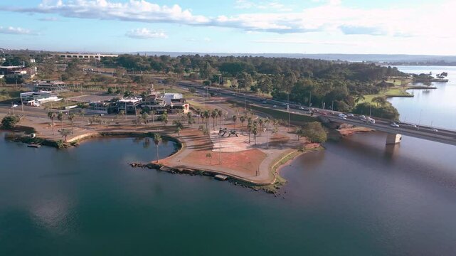 Square on the banks of Lake Paranoa with a sextion of the beginning of the bridge