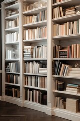 Close-up view of bookshelves library filled with books, showcasing various titles and colorful spines. Love for reading, knowledge, and literature concept background.
