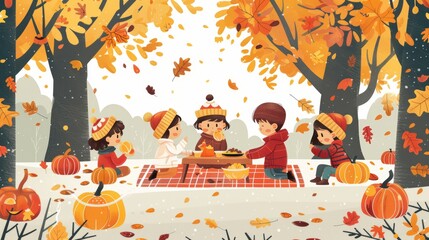 Cozy classroom picnic with seasonal foods, children in warm clothes, autumn leaves and pumpkins, joyful and festive scene