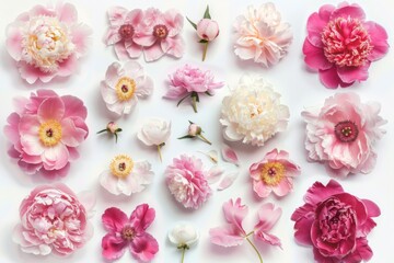 A stunning collage of peony blossoms showcasing intricate details and soft colors. Each flower is carefully arranged to highlight its unique beauty.