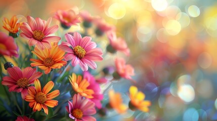 Obraz premium Enchanting floral arrangement with bright, contrasting flowers against a soft-focus background, perfect for desktop wallpaper, focus cover all object, deep dept of field