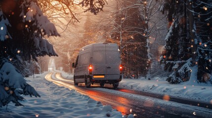 Generate a picture of a delivery van navigating through a snow-covered road during winter, with snowflakes falling.