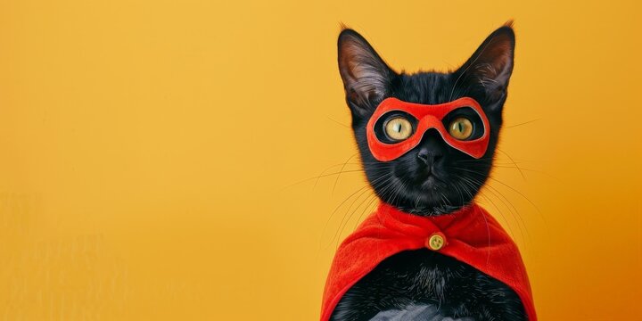 A black cat wearing a superhero costume with a red cape and mask, posing against a vibrant yellow background.