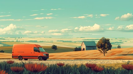 Create an image of a delivery van parked at a rural farm, with fields and a barn in the background.