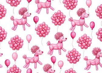 Whimsical pink poodle dog balloons in a repeating seamless pattern create a playful, feminine, and festive Christmas background with a sweet, girly atmosphere.