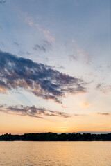 Beautiful sky and lake at sunset. Beautiful orange and blue sky at dawn. Lake Bowen Anchor Park, Inman, SC, USA 