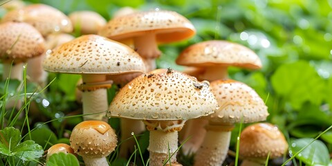 Variety of Forest Mushrooms Among Grass and Leaves After Rain. Concept Forest Mushrooms, Grass, Leaves, Rain, Nature Beauty