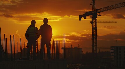 Engineer and worker on construction site at sunset.