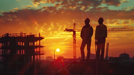 Fototapeta premium Engineer and worker on construction site at sunset.