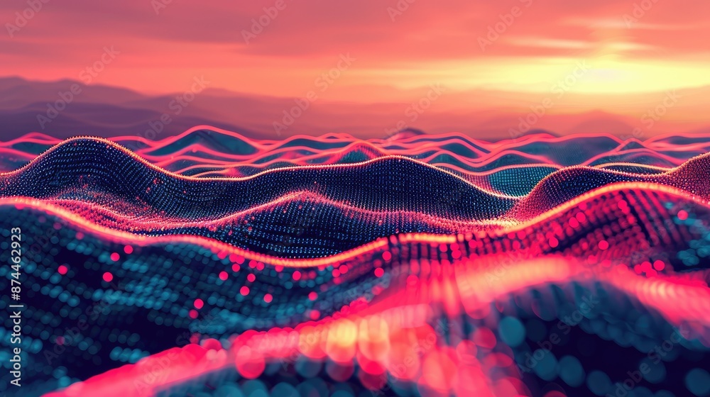 Poster Digital landscape with flowing binary code streams