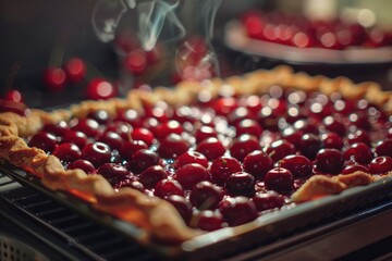 Big square cherry pie on baking sheet pan with steam in the kitchen. Traditional fresh homemade bakery