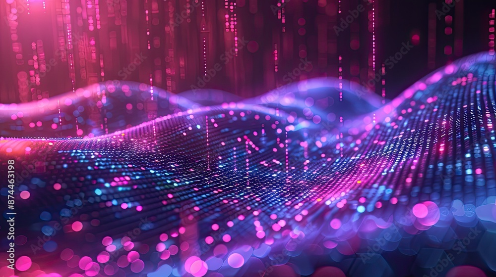 Poster Digital landscape with flowing binary code streams