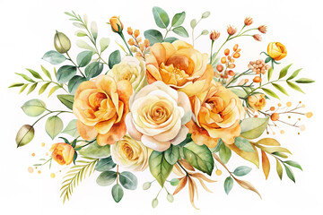 Floral, vector autumn bouquet wedding invitation, save the date card design. Editable watercolor illustration. Watercolor yellow, pale peach orange garden rose flowers, eucalyptus leaves. Template set