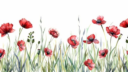 Fototapeta premium Watercolor tall grass and red poppys on a white background