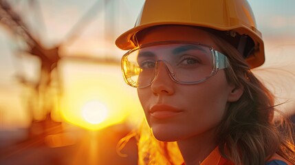 beautiful woman civil engineer close up portrait in front of a sunset background
